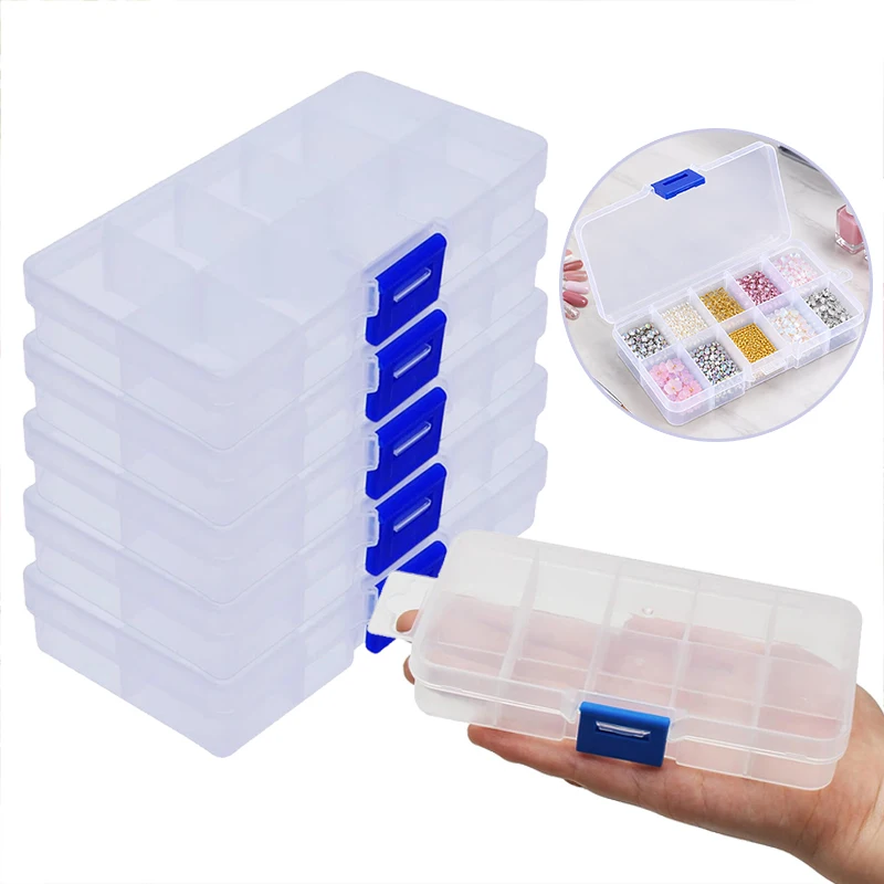 1/5/10Pcs Clear 10-Compartment Storage Case – Movable Partitions, Snap-Lock Lid & Hanging Hole for Desk Drawer, Tackle Box TMZ