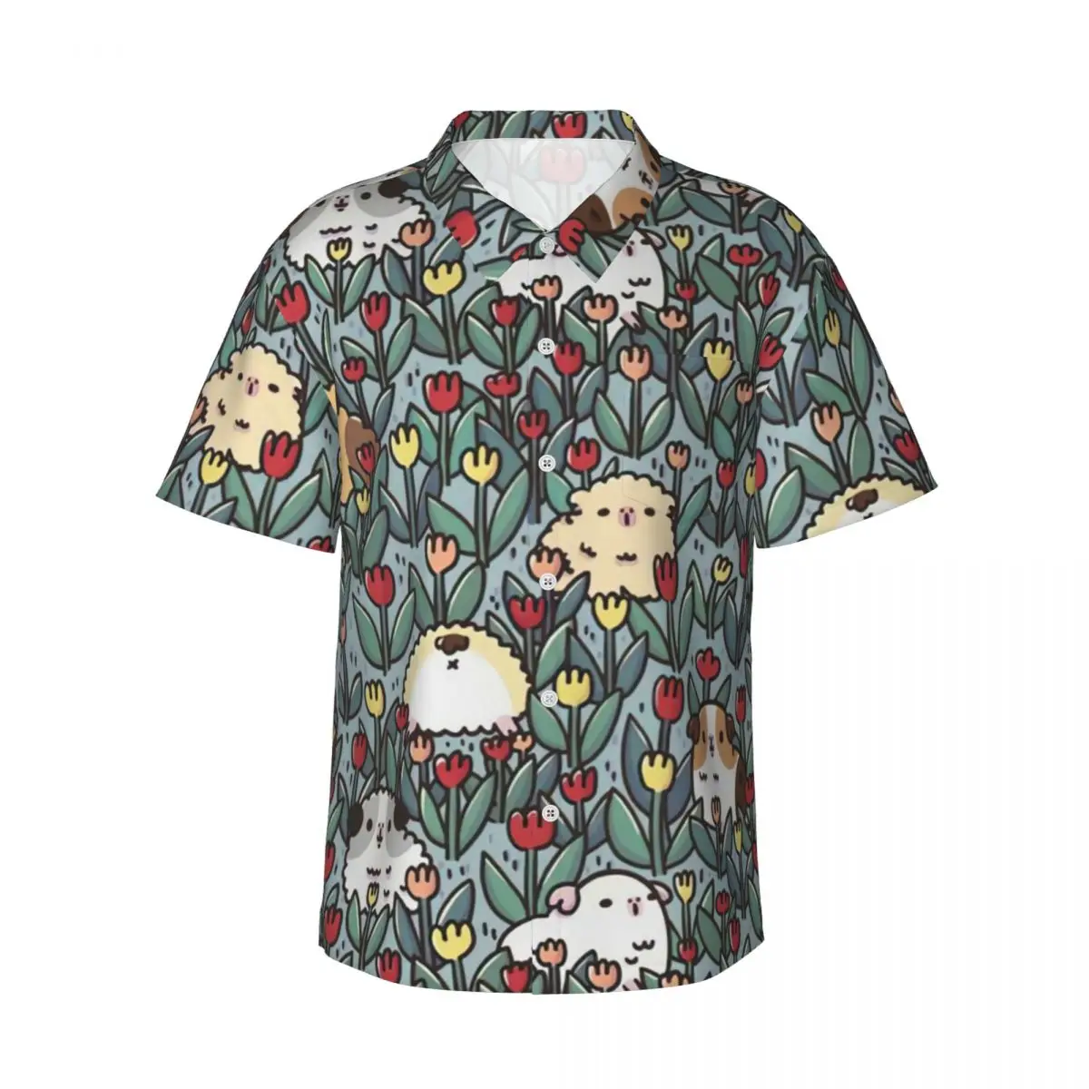 Guinea Pig Casual Shirt Tulip Flower Print Novelty Hawaiian Shirts Male Short-Sleeved Beach Harajuku Custom Oversized Blouses