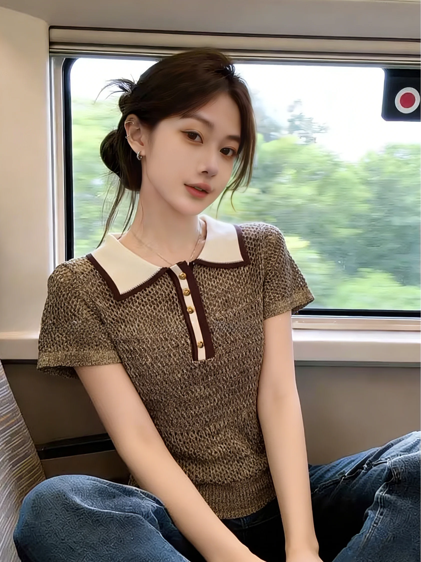 

Retro Collar Short Sleeve Knitted Sweater Women's Summer New Style Self-Keeping Slim Fit Top Korean Style Straight Tube