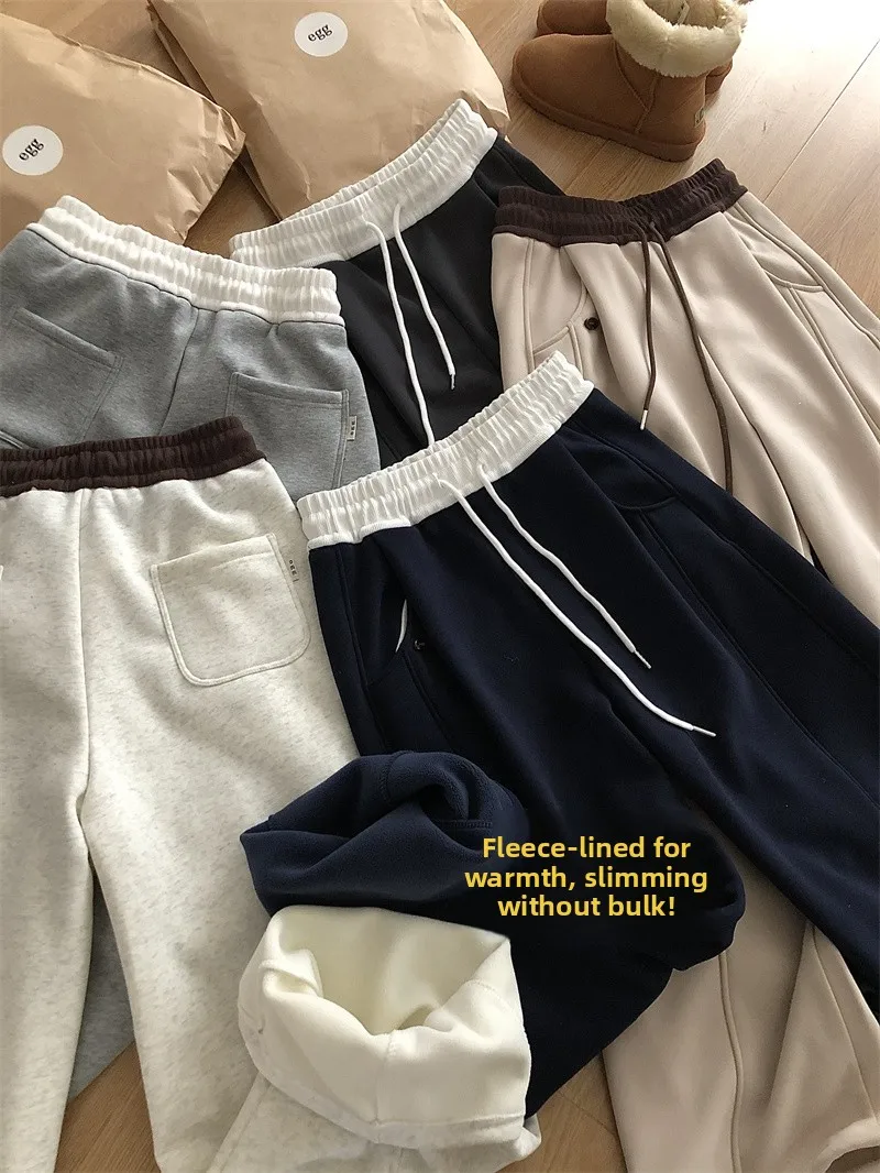 Korean Style High Waist Fleece Lined Loose Fit Sweatpants Color Block Paper Bag Trousers Casual Bend Knife Pants Women - view 4