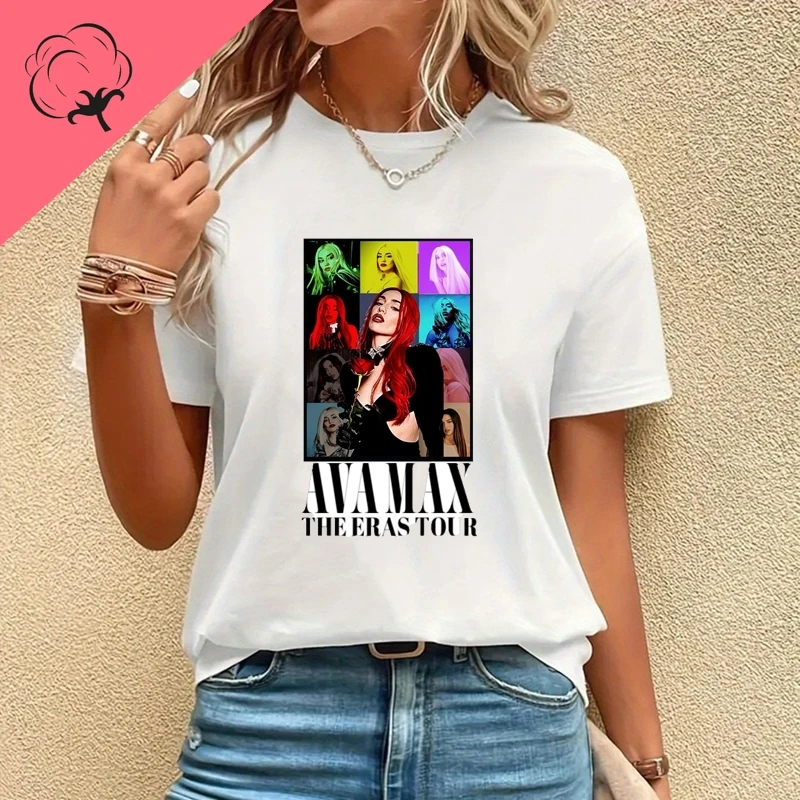 تي شيرت نسائي عصري مطبوع عليه ملصق Singer Ava Max، تي شيرت قطني كاجوال للربيع والصيف برقبة دائرية