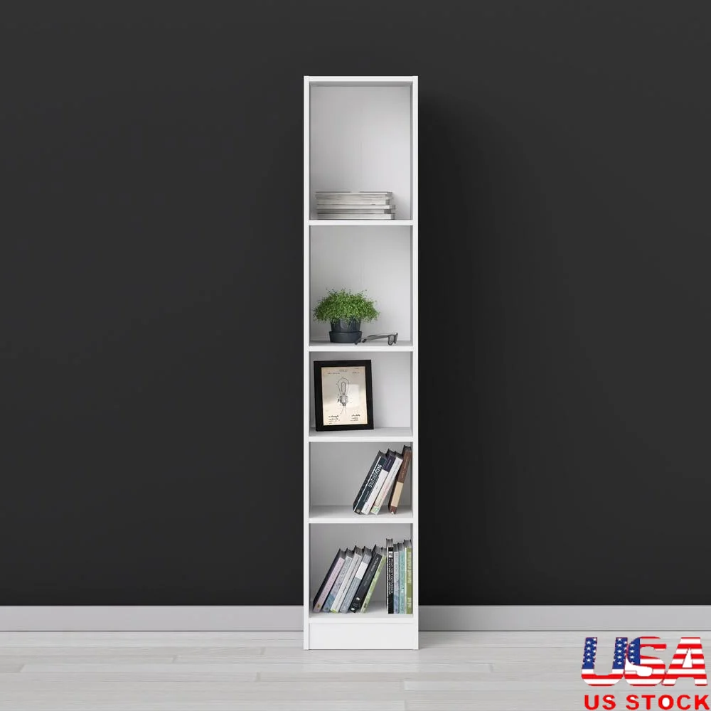 

Tall Narrow 5-Shelf Bookcase Office Storage Shelves Vertical Organizer Adjustable White Wood Compact Space-Saving Furniture
