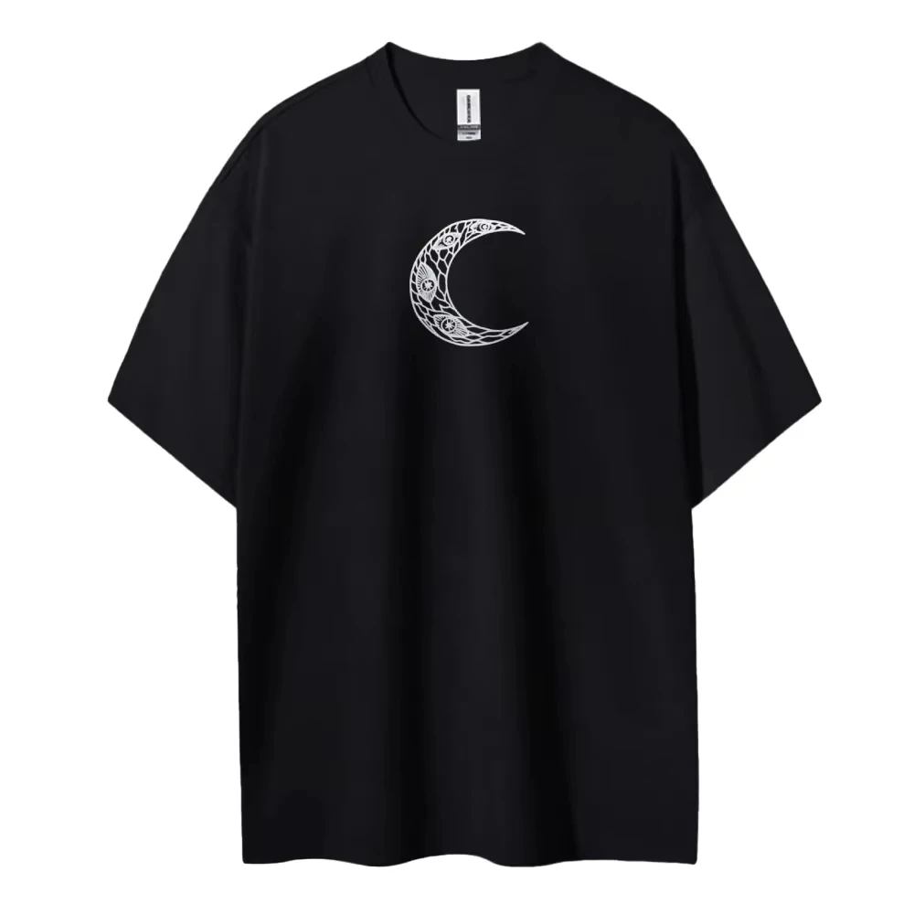 Double Sided Six Eyes T-Shirt Men Crescent Moon Sword Print Oversized Dark Anime Streetwear Unisex Tee