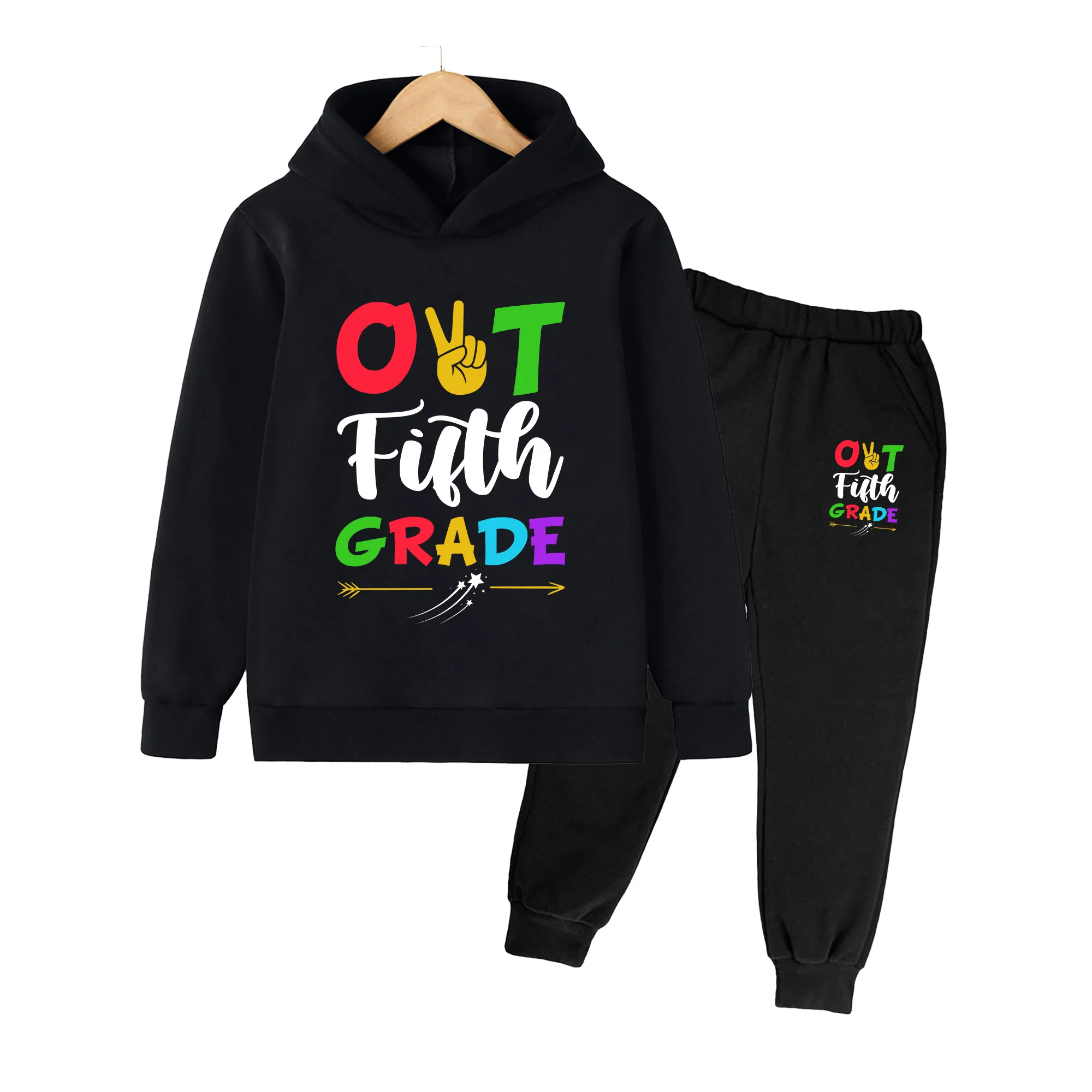 Kids Boys Girls 2nd Grade Print Hoodie & Sweatpants Set Colorful Casual School Daily Outfit