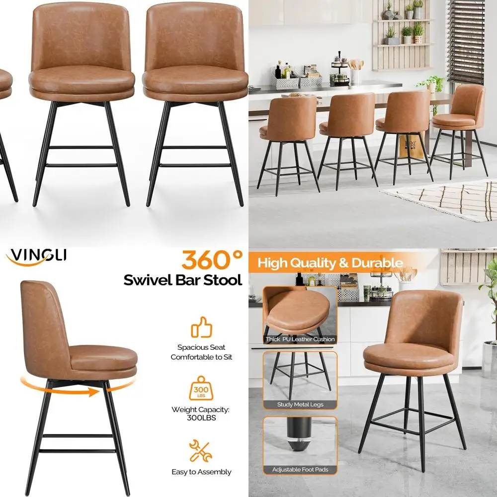 

Набор из 4 барных стульев высотой 26 дюймов с поворотным механизмом, обивка из искусственной кожи PU, стулья для барной стойки с высокой спинкой, кухонные высокие стулья с подушками