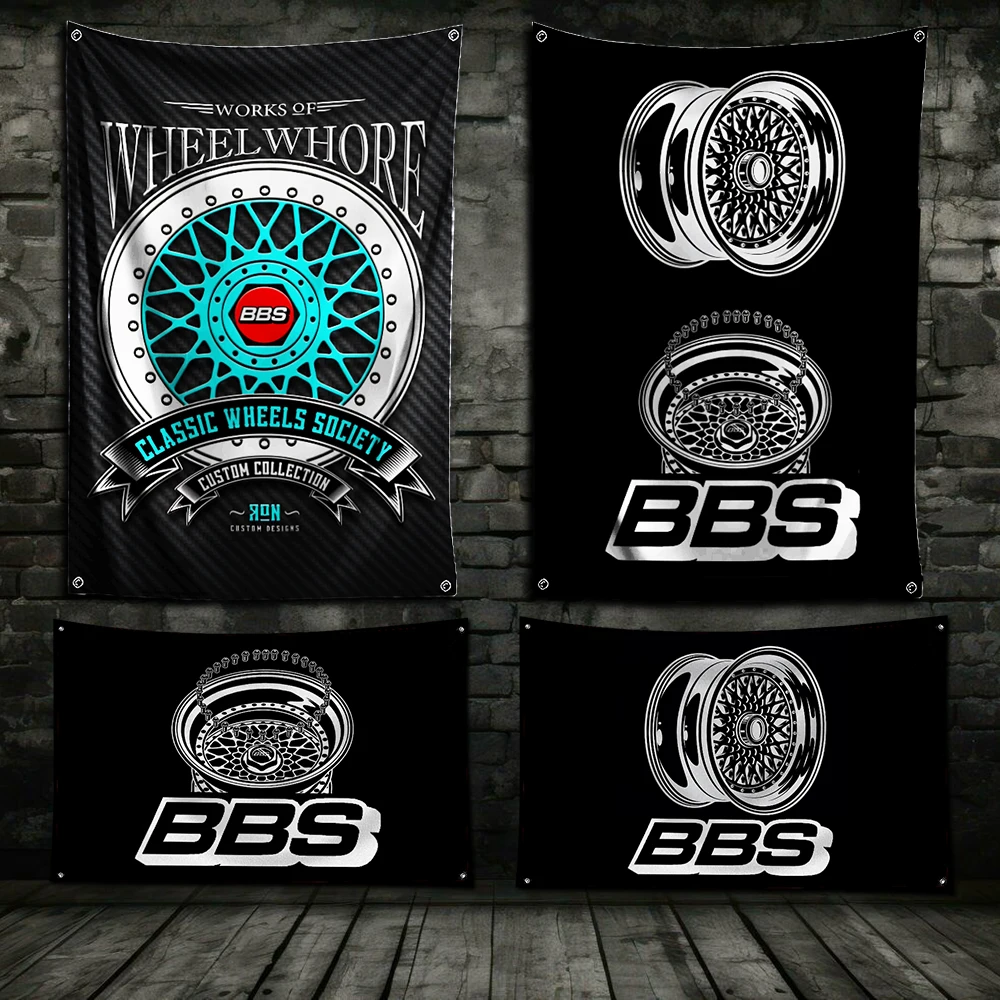 3x5 Ft Racing Car Wheels B-BBS Flag Polyester Digital Printing Banner for Garage Wall Art Out Door Decoration With Brass Grommet