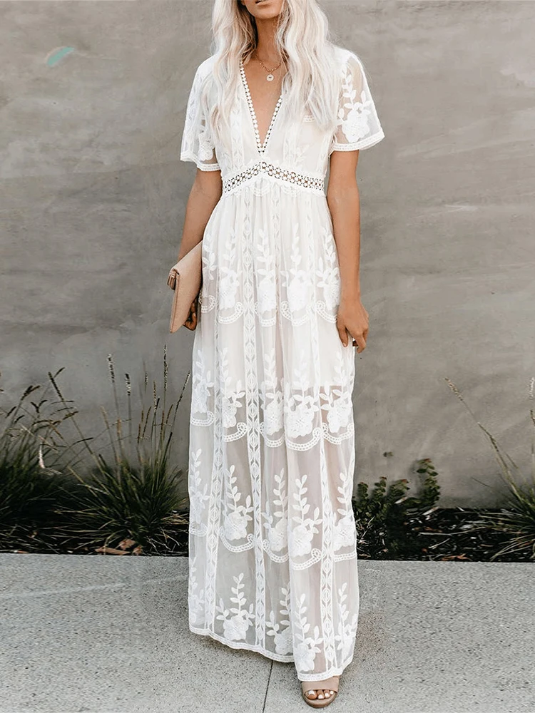 

Jastie 2023 Summer Boho Women Maxi Dress Loose Embroidery White Lace long Tunic Beach Dress Vacation Holiday Women Clothing