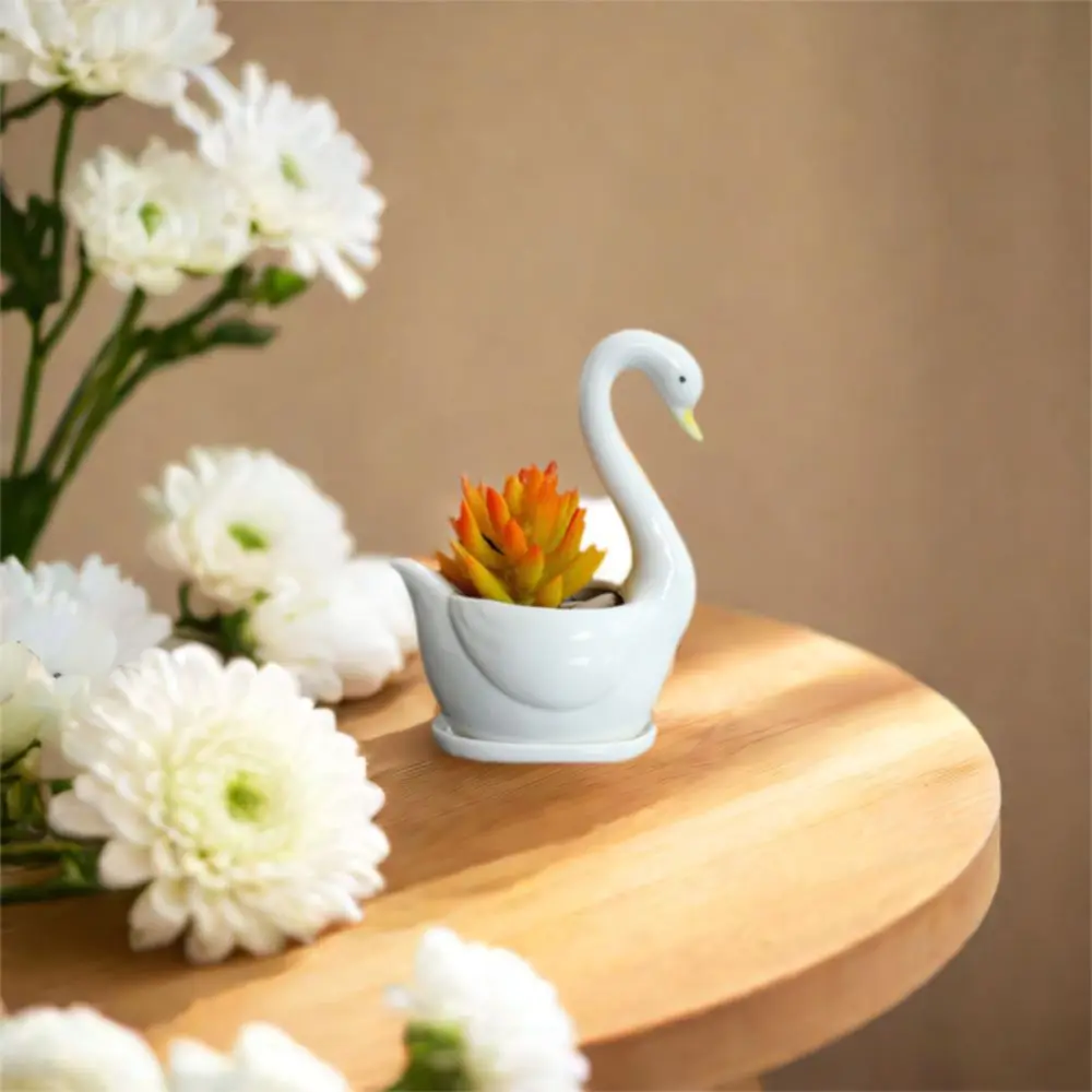 

Crafts Ceramic White Swan Flower Pot Creative Cute Animal Vase Simulated Personalized Plant Pot Succulent