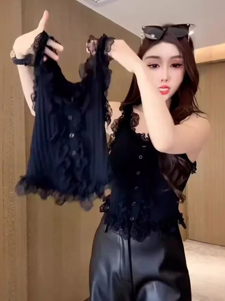 Irregular Lace Strap Vest Women's 2026 New Summer Inner Wear Slim Fit Sexy Short Top Outerwear Square Collar Single Button