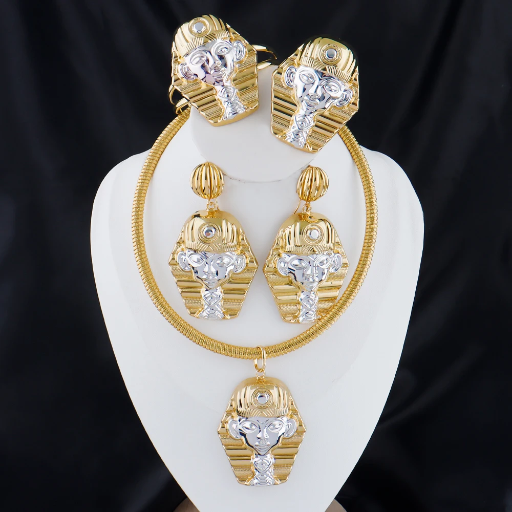 Goldfarbenes großes Schmuckset für Frauen, Human Design, Ohrringe, Halskette, Dubai, afrikanisches Armband, Ring, Hochzeit, Brautgeschenk – Detail 10