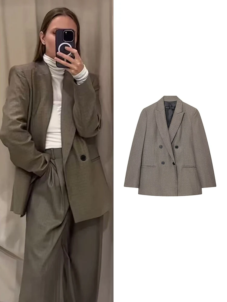 

Autumn New Women's Temperament Blazer With Shoulder Pads Chic Double-breasted Commuter Style Blazer Coat Fashion Elegant Outfit