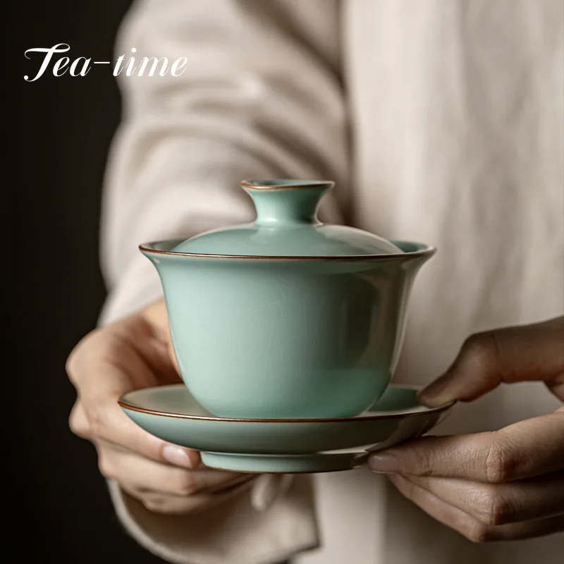 

200ml Retro Azure Porcelain Tea Tureen Ru Kiln Ceramic Sancai Cover Bowl Tea Maker Gaiwan Can Raise Kung Fu Teaware Set Gift Box