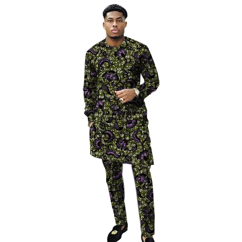 African clothing men\'s print set shirt with trouser patchwork Ankara pant sets customized wedding wear male formal outfits