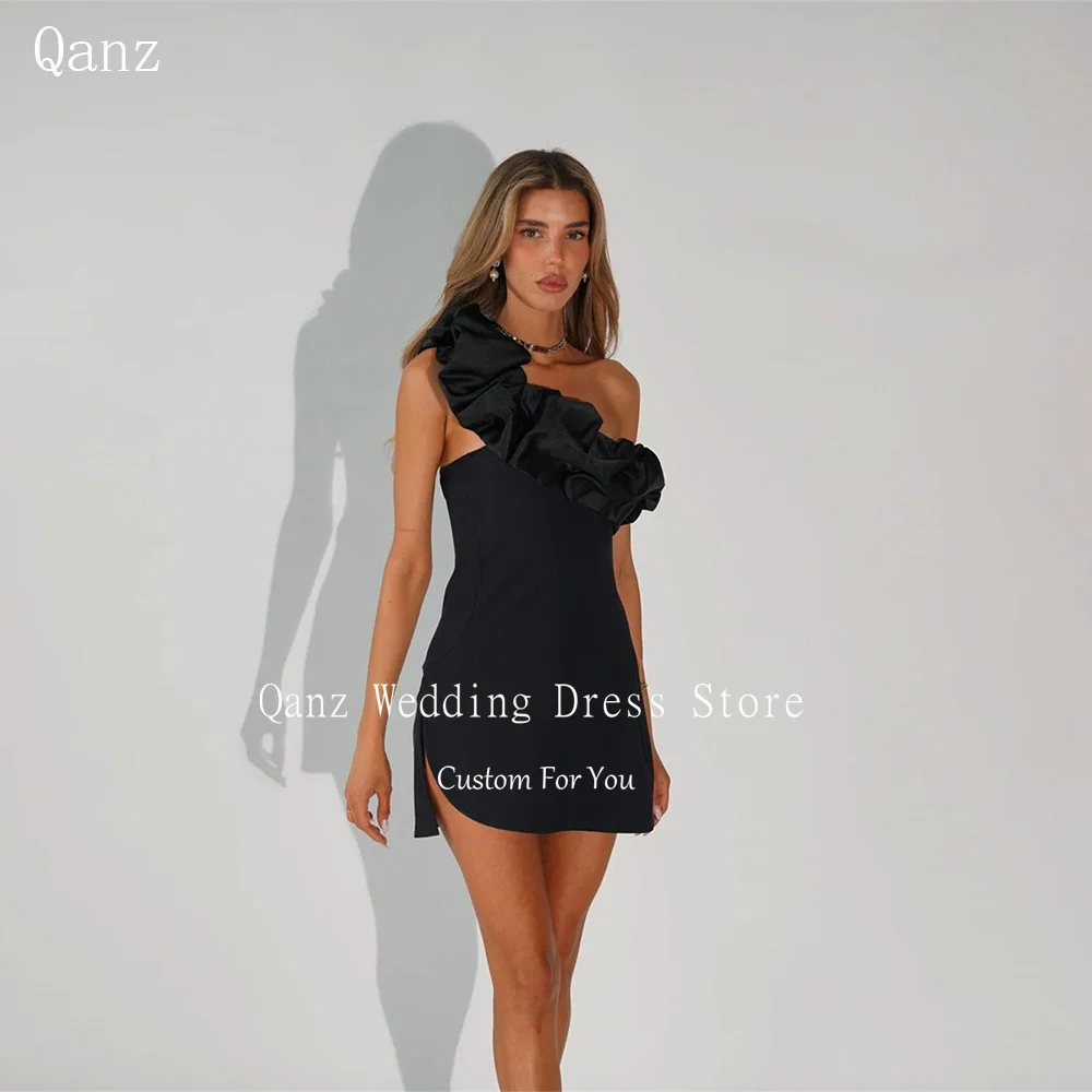 

Qanz Chic Mini Prom Dresses Black Satin Slit Vestidos De Gala Off The Shoulder Above Knee Ruffles Birthday Party Gown Customized