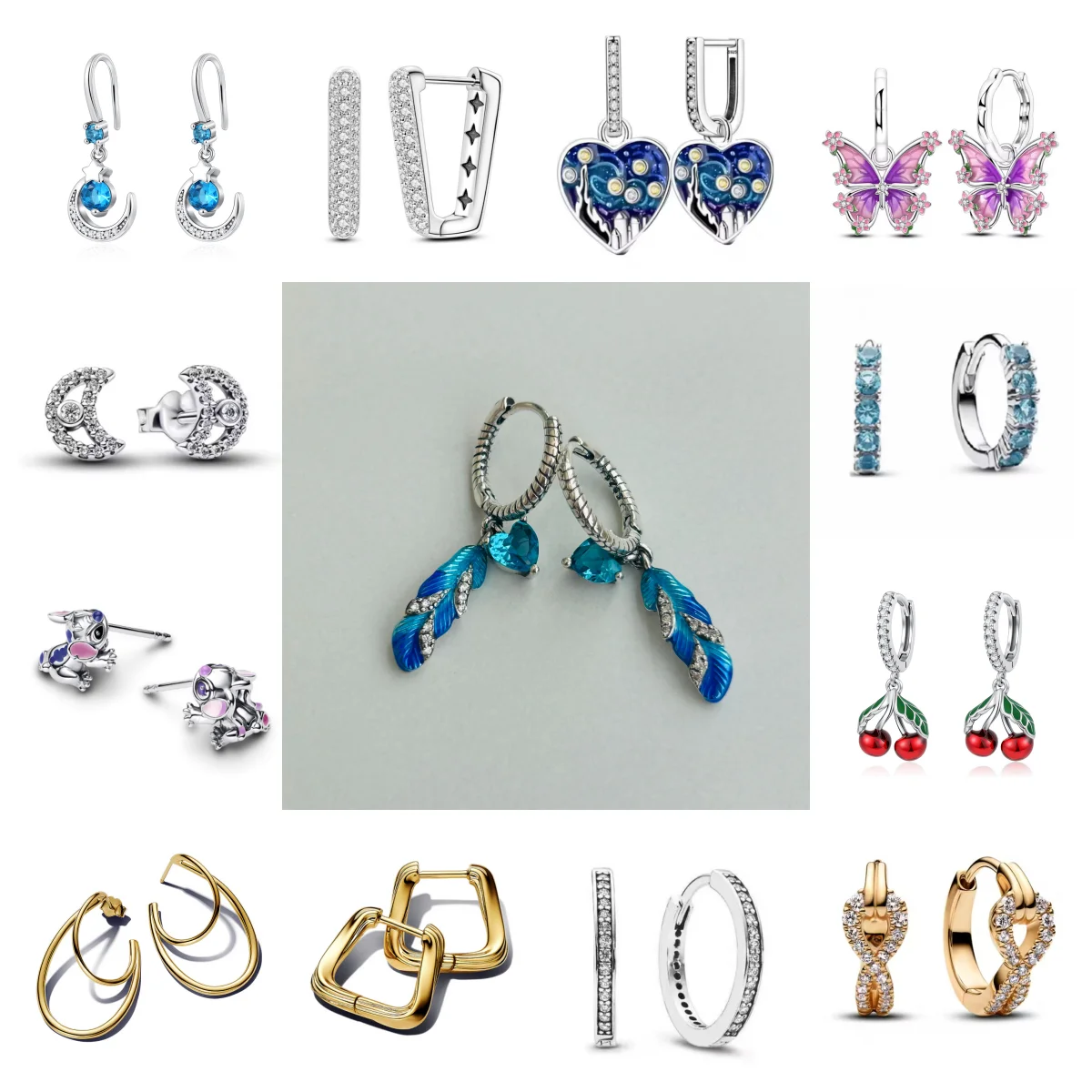 

Новые серьги из серебра 925 пробы с синими перьями и розовой бабочкой, вишней и луной, оригинальные женские свадебные украшения, подарок на день рождения