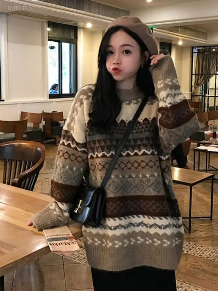 Autumn Ins Korean Vintage Geometric Print O Neck Long Sleeve Loose All Match Knitted Pullovers