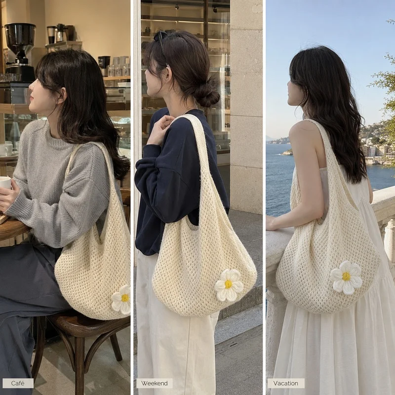 Women'S Daisy Crochet Shoulder Bag Soft Knit Mesh Hobo Tote Summer Beach Travel Daily Handbag image 3