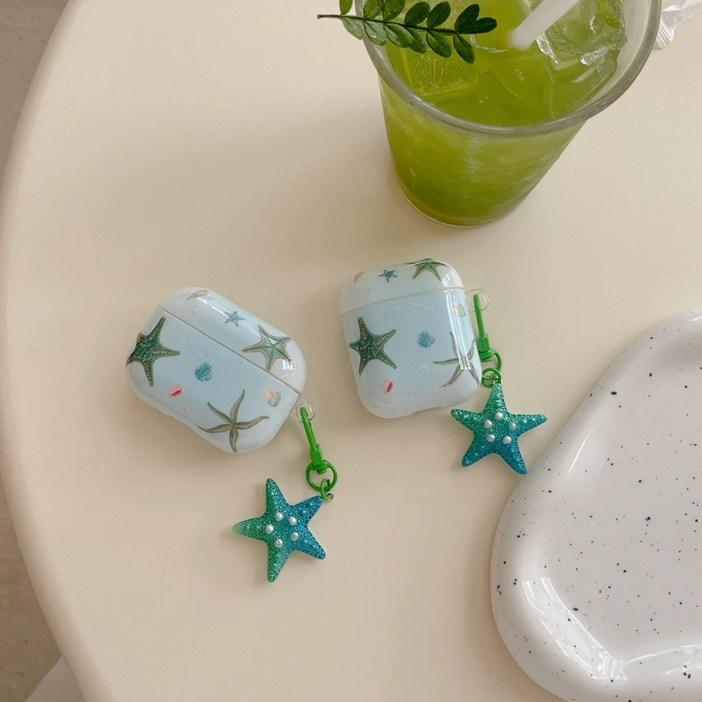 Ocean Blue Starfish Shells Pearl Pendant Shockproof Protective Case Cover For AirPods 1 or 2 3  AirPods Pro Pro 2