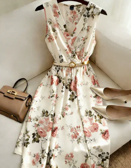 

Women's Dress Summer New Fashionable and Elegant Style Flower Print V-Neck Waistband Cinched A-Line Sleeveless Dress