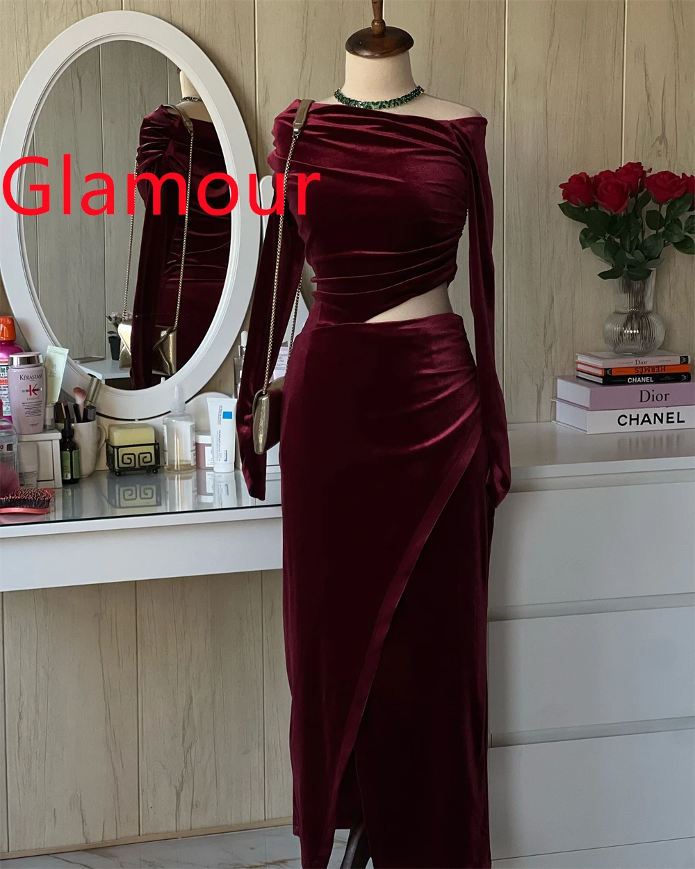

Customized Elegant Burgundy Velour Evening Dress Exquisite Strapless Off the ShoulderLong SleevesZipper BackHomecoming Dress
