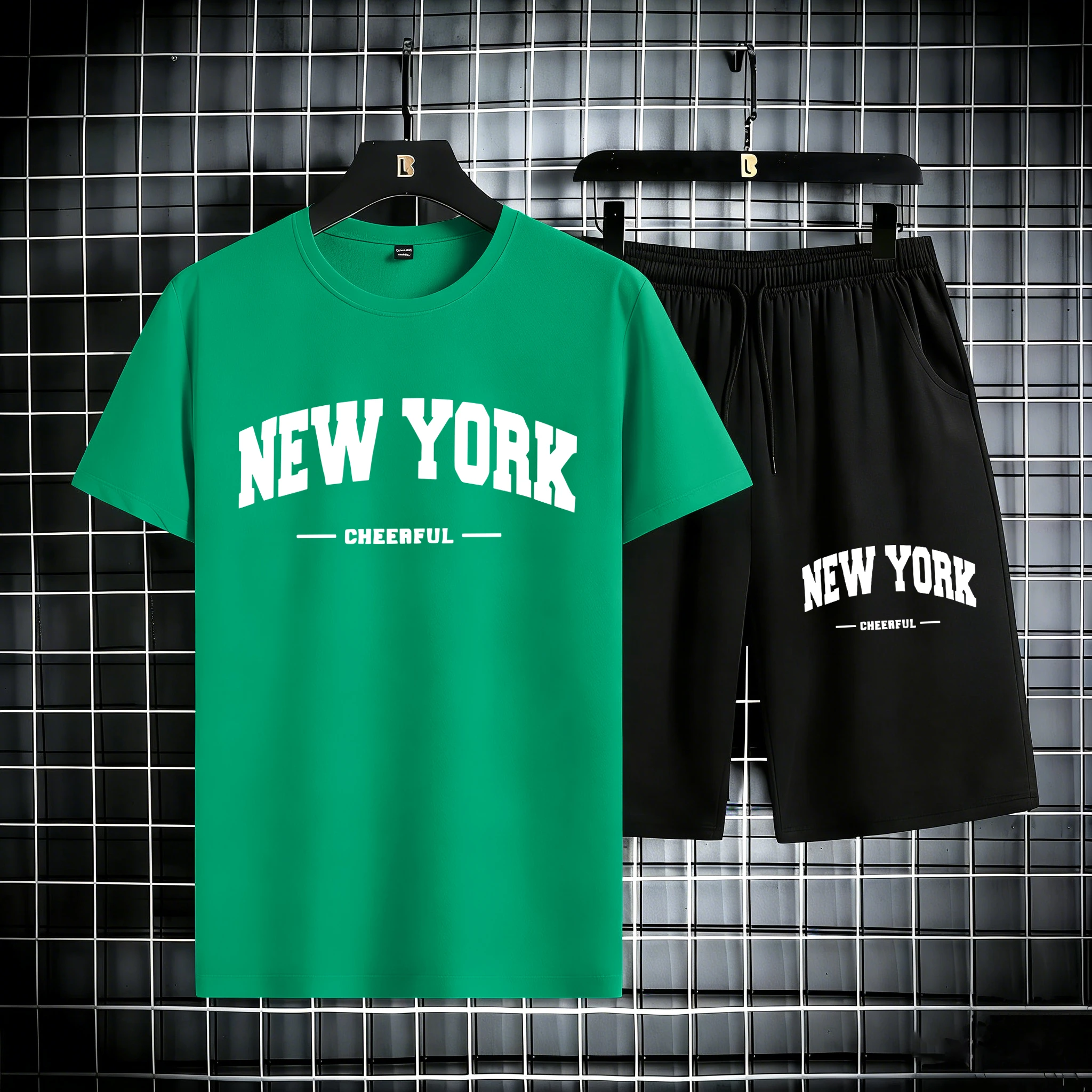 

Cheerful Art New York Usa Prints Male Summer Cotton Cool Short 2 Piece Set All-Match Simple Tees & Shorts Pocket Classic Bottom