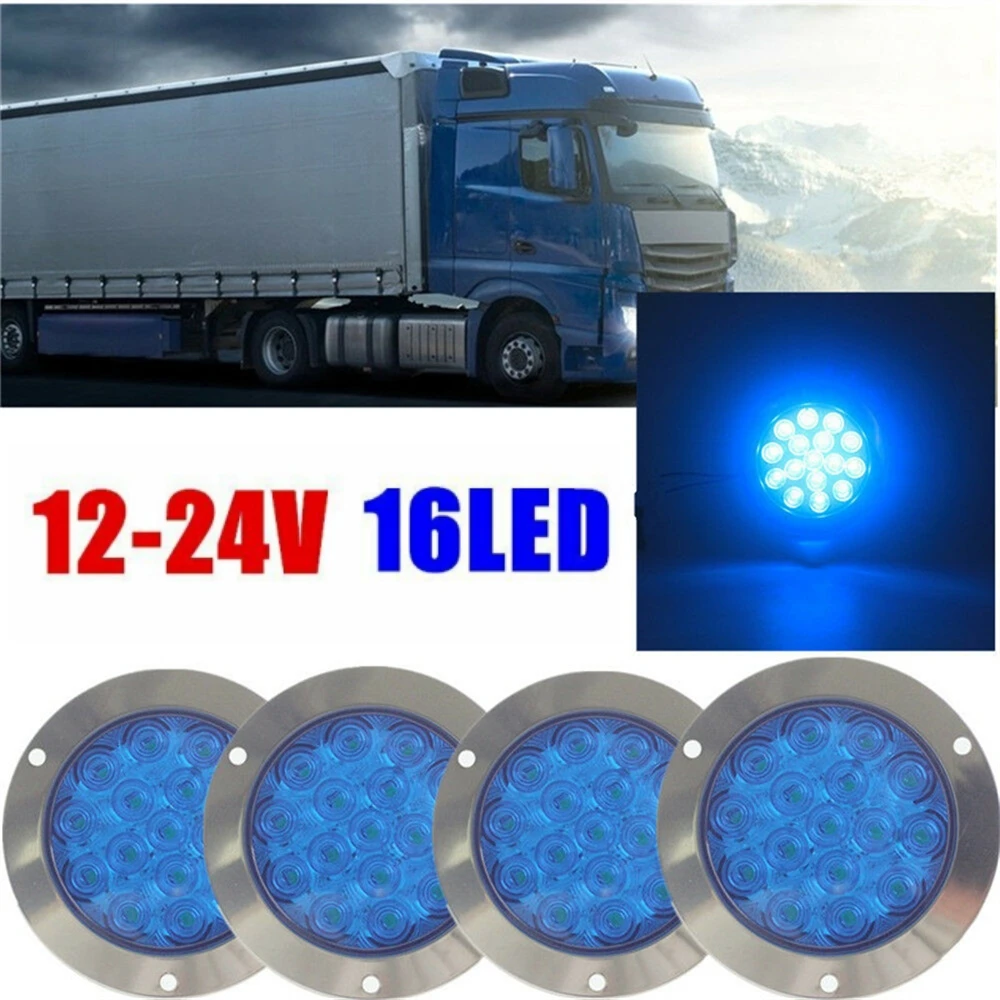 4PCS Round Trailer Truck Lights Blue 16 LED  4inch Brake Stop Turn Signal LED Tail Light 12-24V