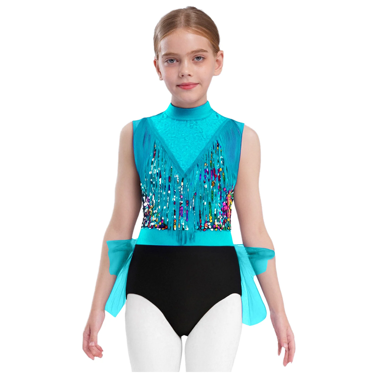 

Kids Girls Lyrical Jazz Dance Outfit Sleeveless Cutout Back Tassels Shiny Sequins Latin Jazz Dance Dress for Stage Dance Show