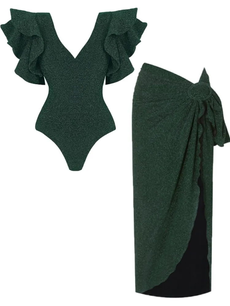 

Bikini Bodysuit Swimwear Women With Skirt Bathing Suit Summer New Ruffle Splice Print Beachwear Holiday Bikini Cover Ups Outfits