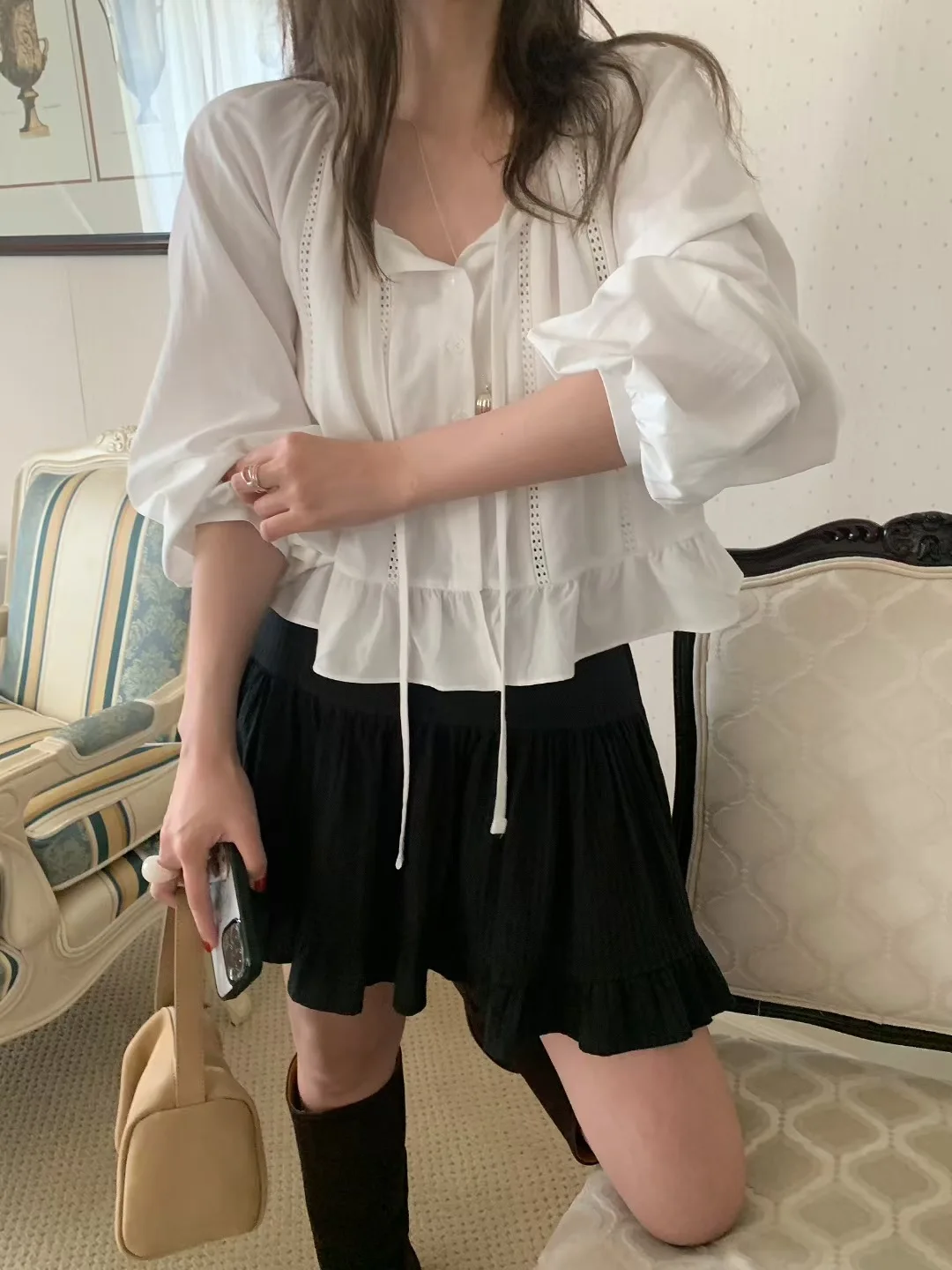 

Loose Lantern Sve irt Women's Saes Hollow out Sweet Younging Lace Trim ort Sle Trendy Cotton Casual V-ne Cardigan