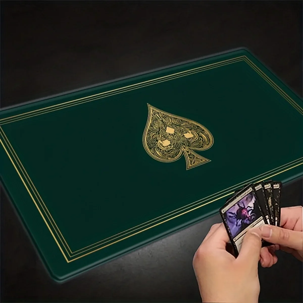 Vintage Spade Card Design Rubber Non-Slip Game Mat Golden Decorative Border Green Background TCG Gaming Mat Gift