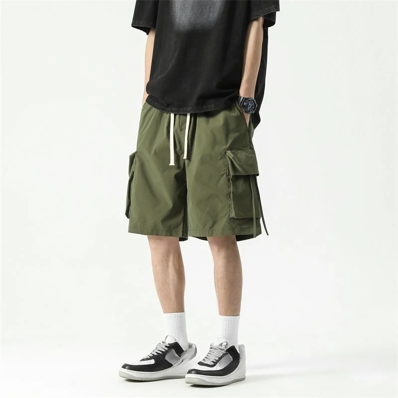 Spring Summer Fashion Men's Multi Pockets Drawstring Casual Trendy Simple Basic Solid Color Straight Loose Shorts Male Trousers