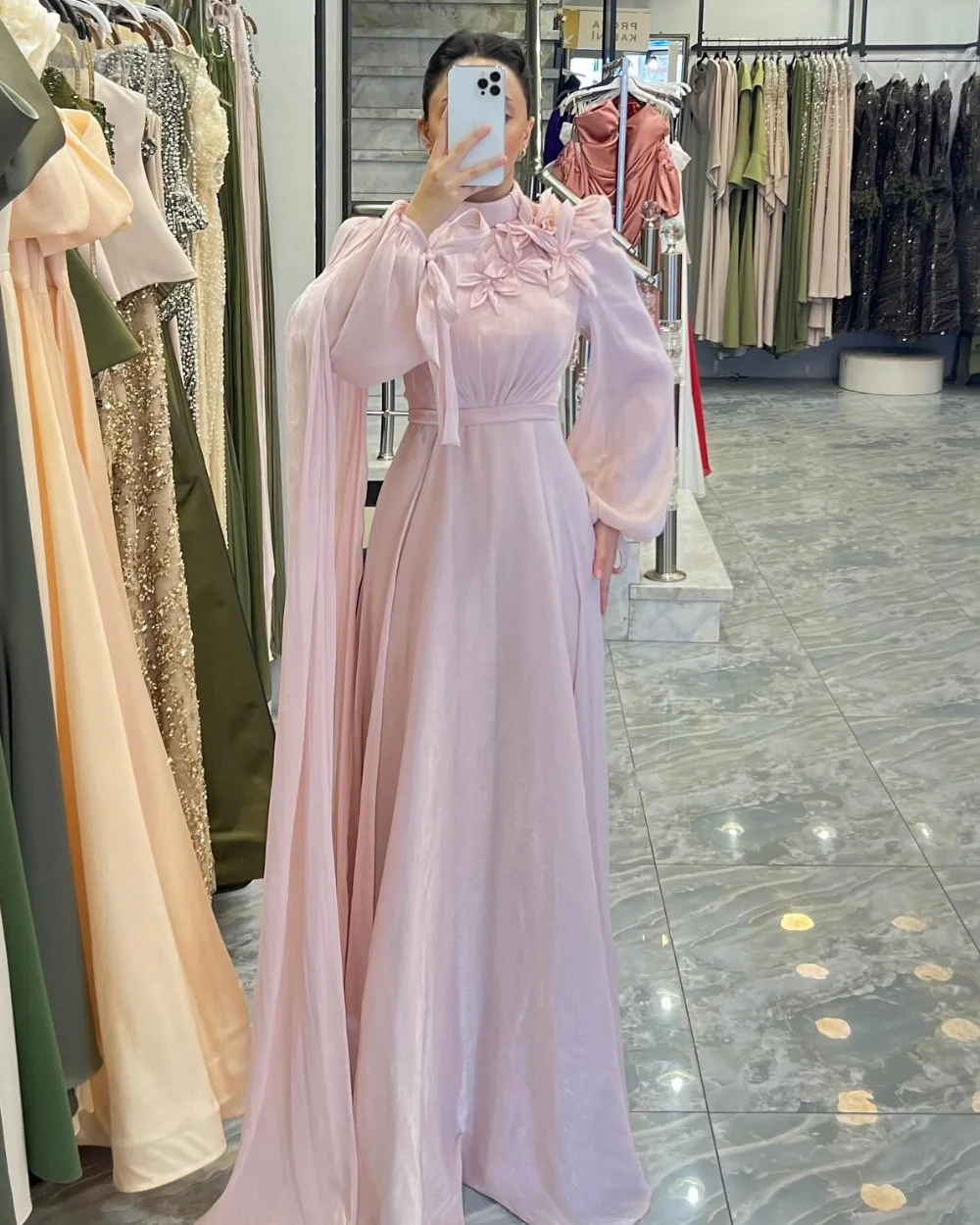 

Customized Exquisite Retro Pleat Handmade Flower Sash A-line High Collar Long Dresses Bespoke Occasion Dresses Sizes Available