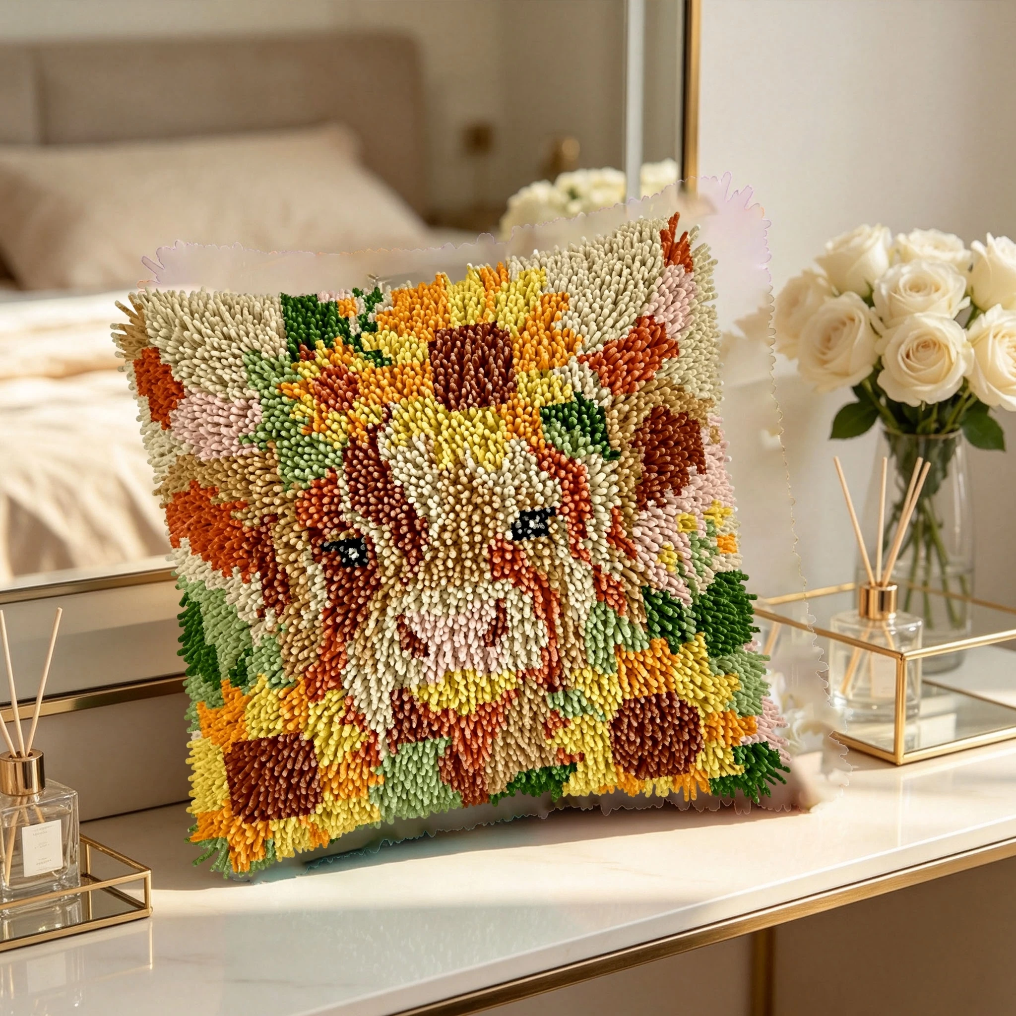 1Set Sunflower Highland Cow Knot Pillow Latch Hook Kit Cushion Pillowcase Set For Needlework Latch Hook Kits DIY Beginner-friend