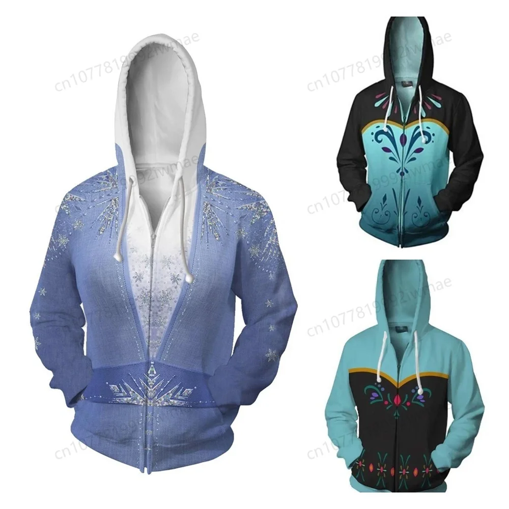 Disney frozen princesa anna princesa elsa 3d moletom com capuz primavera e outono novo adulto jaqueta unissex tops