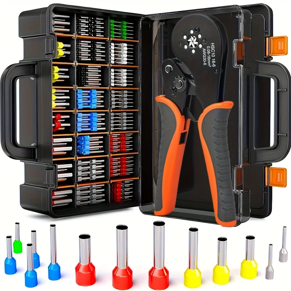 HSC8 16-6 Hexagonal Crimper Kit with 800PCS PVC Insulated Ferrule Terminals, 0.08-16mm² AWG30-5 for Electrical Connections