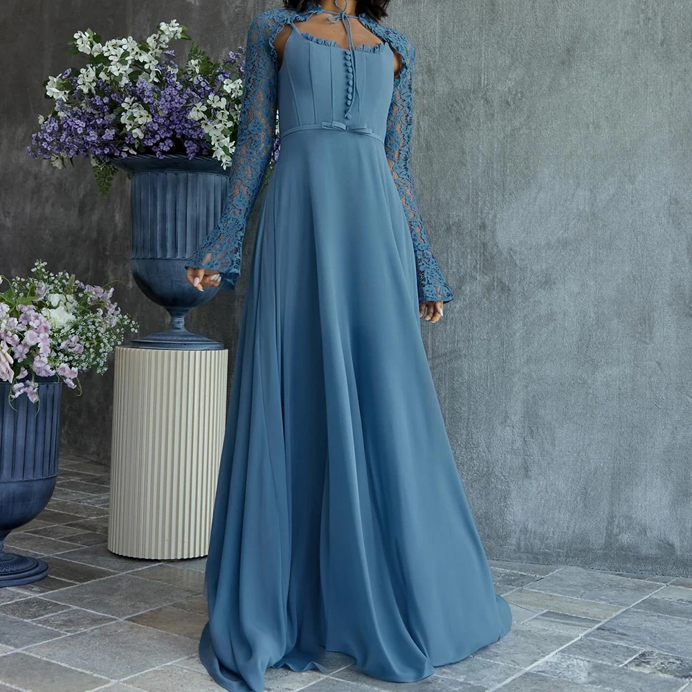 

Customized Strapless Simple Jersey A-line Evening Dress With Lace Cape Full Sleeves Party Dress Backless Floor Length Prom Gown