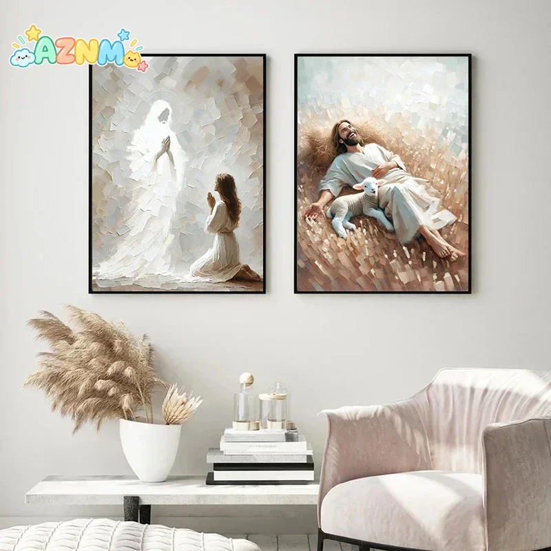 (2D canvas painting)  Walking on Water/Shepherd Jesus Christian Poster Canvas Painting Bible Wall Art Picture for Living Room