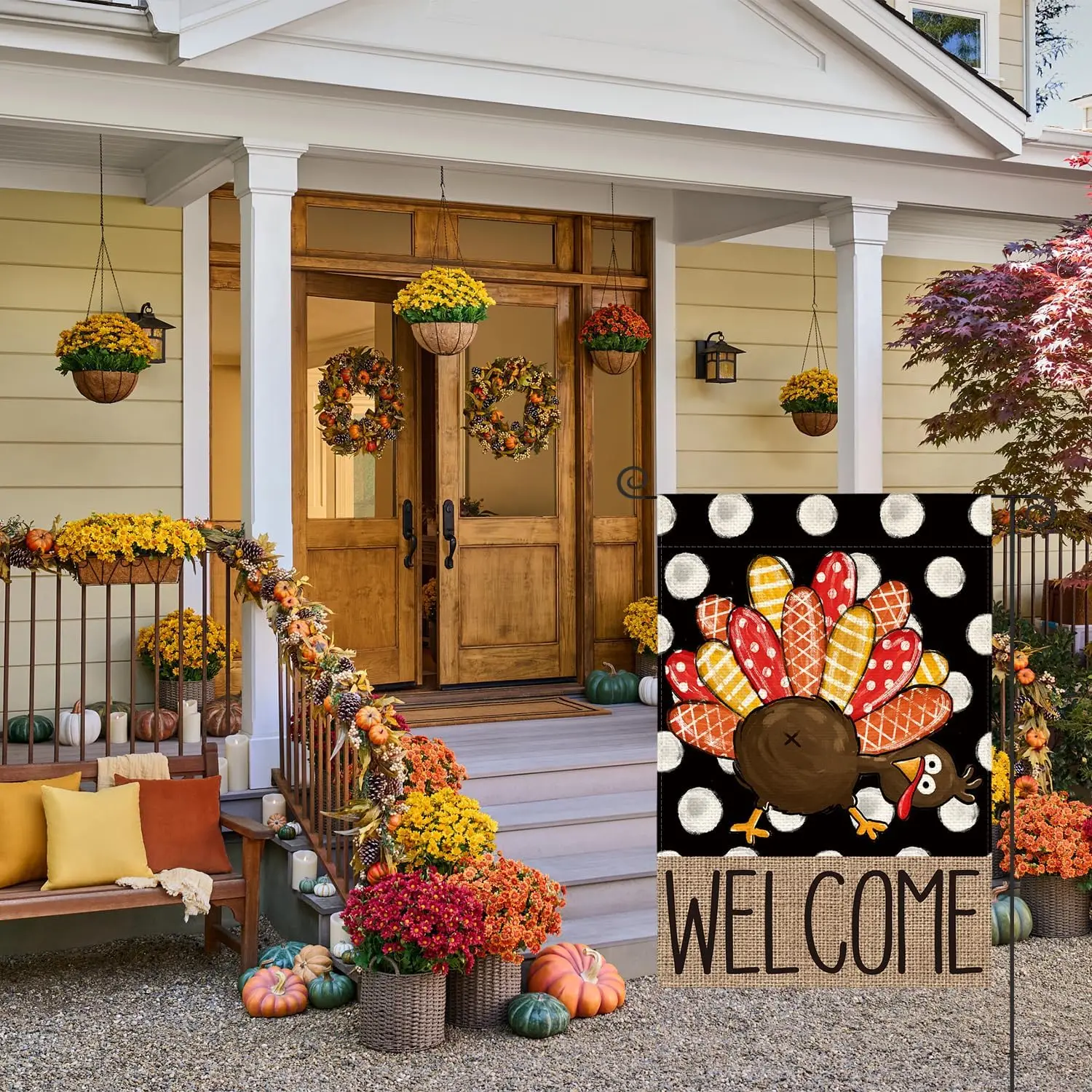 AVOIN colorlife Thanksgiving Turkey Garden Flag 12x18 Inch Double Sided, Polka Dots Welcome Yard Outdoor Decorative Flag XXP SSL