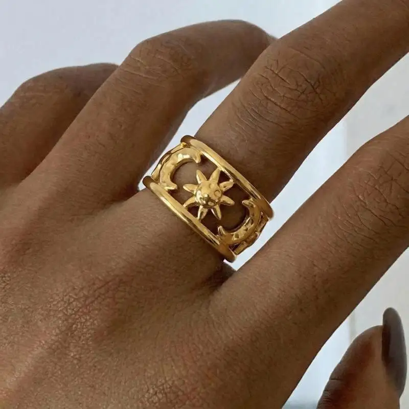 

Boho Sun Moon Star Adjustable Open Ring 18K Gold Plated Stainless Steel Durable Anti-Tarnish Niche Statement Jewelry For Women