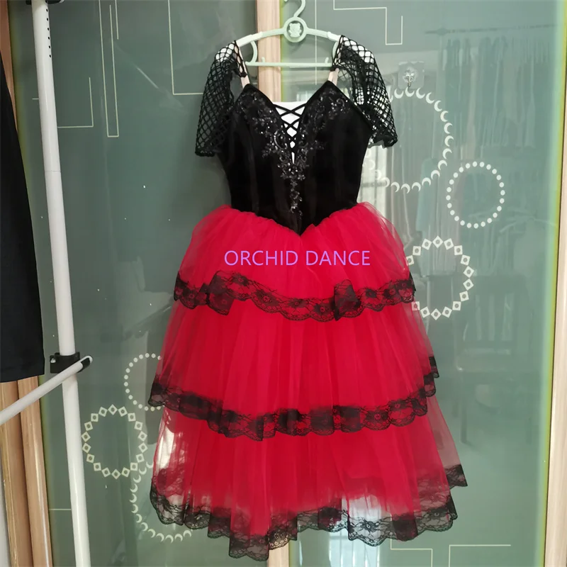 

Professional High Quality Custom Size Girls Adult Espana Cani Dance Costumes Long Red Romantic Tutu