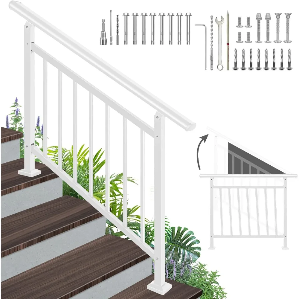 Barandilla de escalera exterior de metal blanco con pasamanos ajustables para 1-4 escalones, completa con kit de instalación