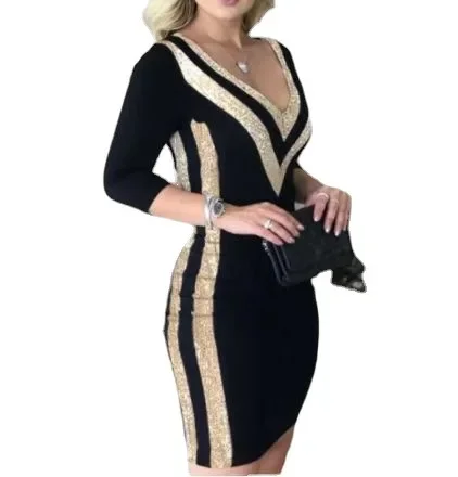 Women Sexy Sequins Dress Sheath V Neck Half Sleeve Dresses Slim Fit Striped Splice Midi Skirts High Street Slight Strech