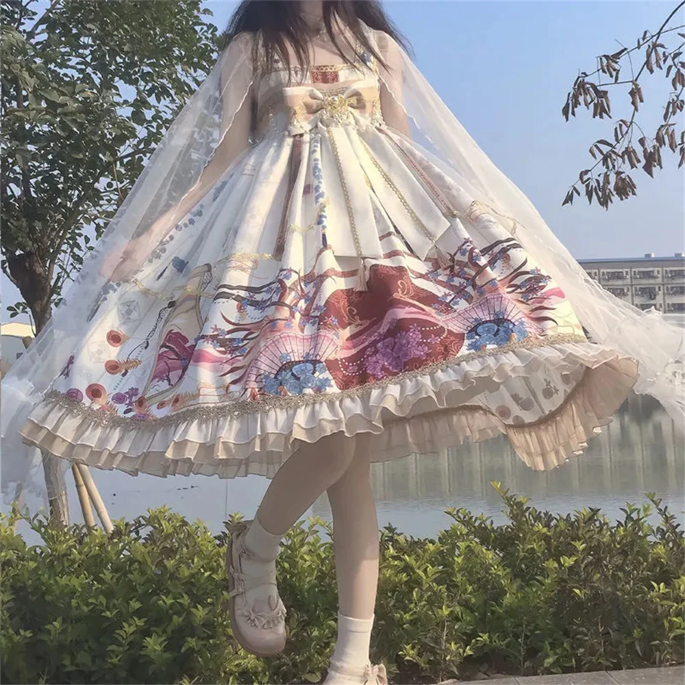 Robe Lolita imprimée Style chinois pour filles, avec chaîne de perles, grand nœud papillon, tenue élégante pour Cosplay Lolita Jsk