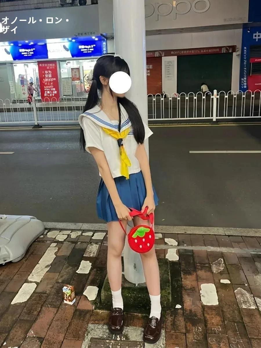 College Style JK Basic White Collar Blue Three Book Uniform Set with Matching Sea Blue Pleated Skirt Soft Girl Outfit for Women