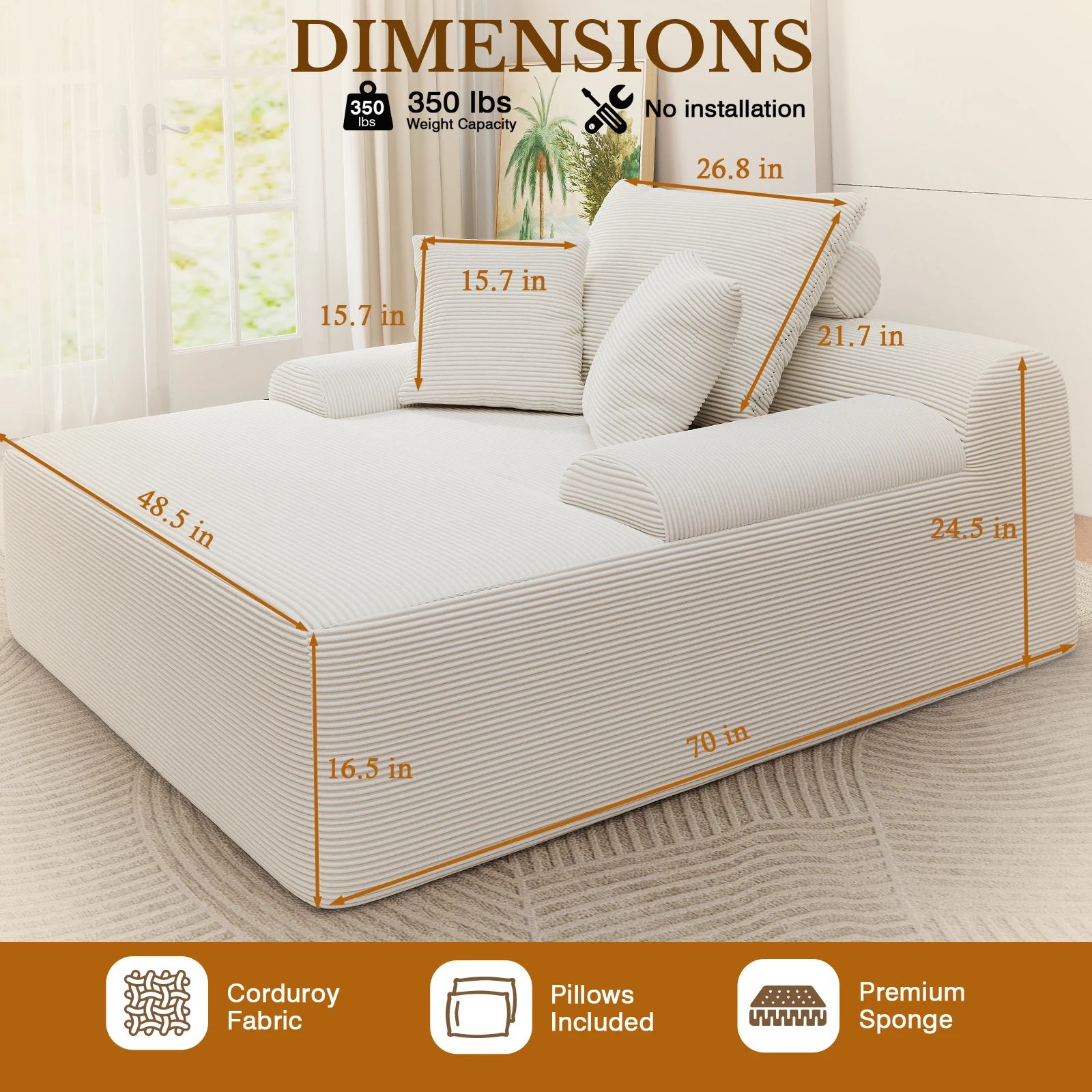 كرسي صالة تشيس 70 بوصة داخلي، أريكة سرير منجدة بدون عظم مع مساند للذراعين و3 وسائد، أريكة كلاود سليبر تشا #2