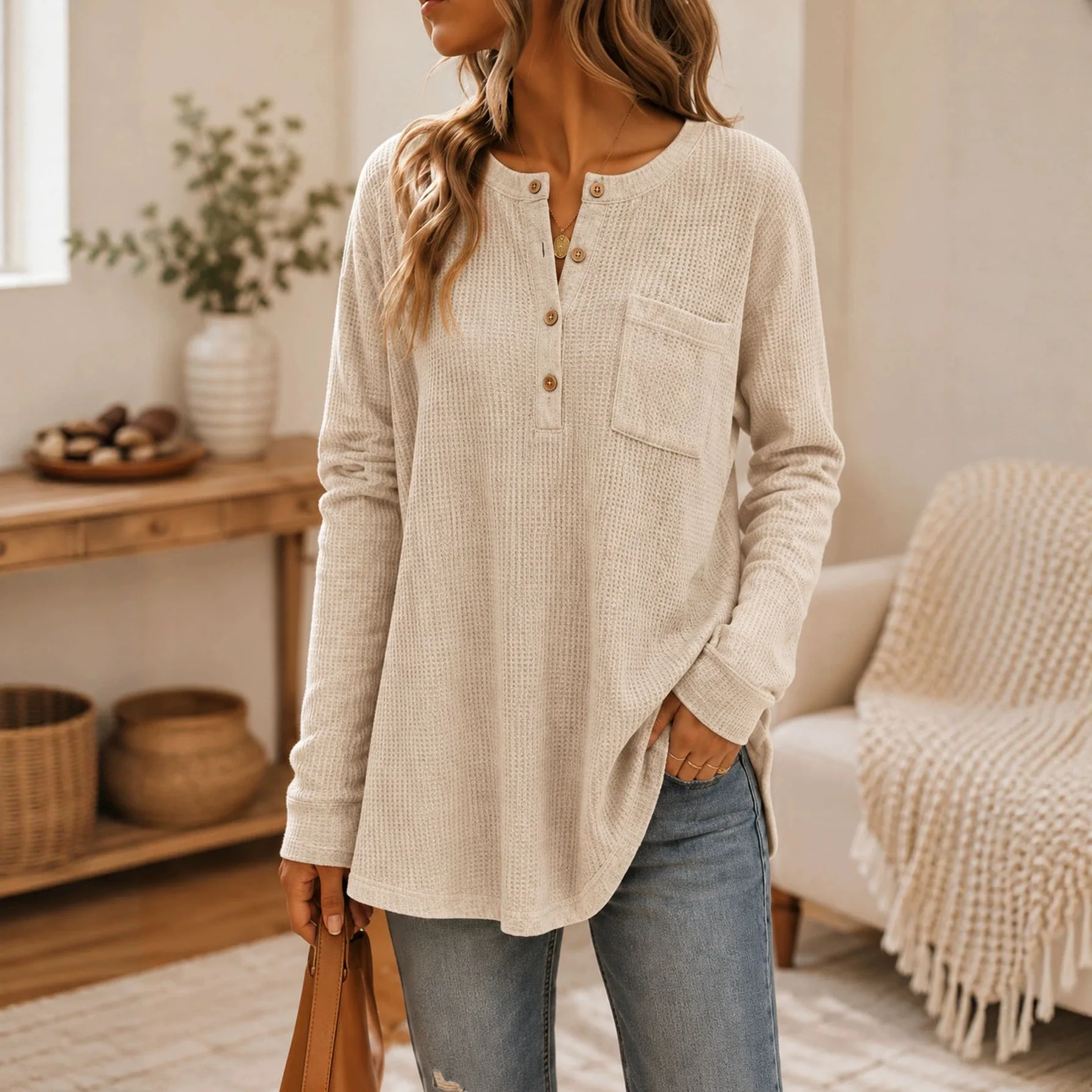 Anno's Own Design 2026 Women's Solid Color Waffle Pocket Button Long-sleeve Top Women's Formal Evening Gowns Boho Outfits Maxi