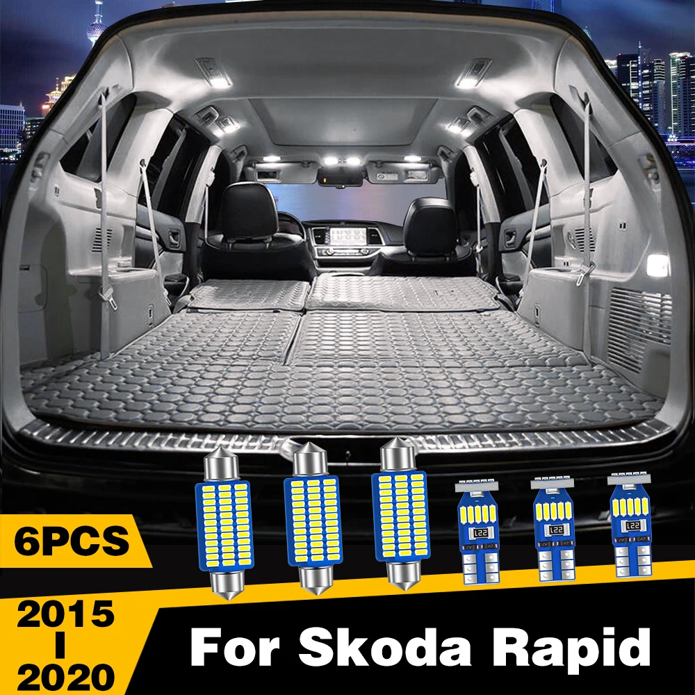 

6 Pcs White Ice-Blue Color LED Highlight Car Interior Dome Reading Light Roof Lamp For Skoda Rapid 2015-2020 Accessories