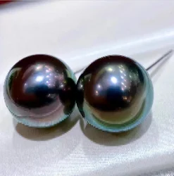 Perfect Round AAAAA 11-12mm South China Sea Black Natural Pearl Earrings 14K Gold