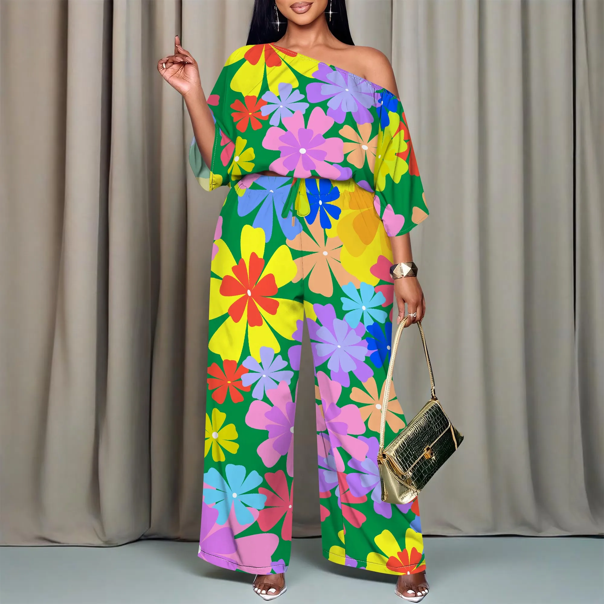 

Женский летний 3D модный повседневный комплект с наклонными плечами и принтом, комплект из двух предметов