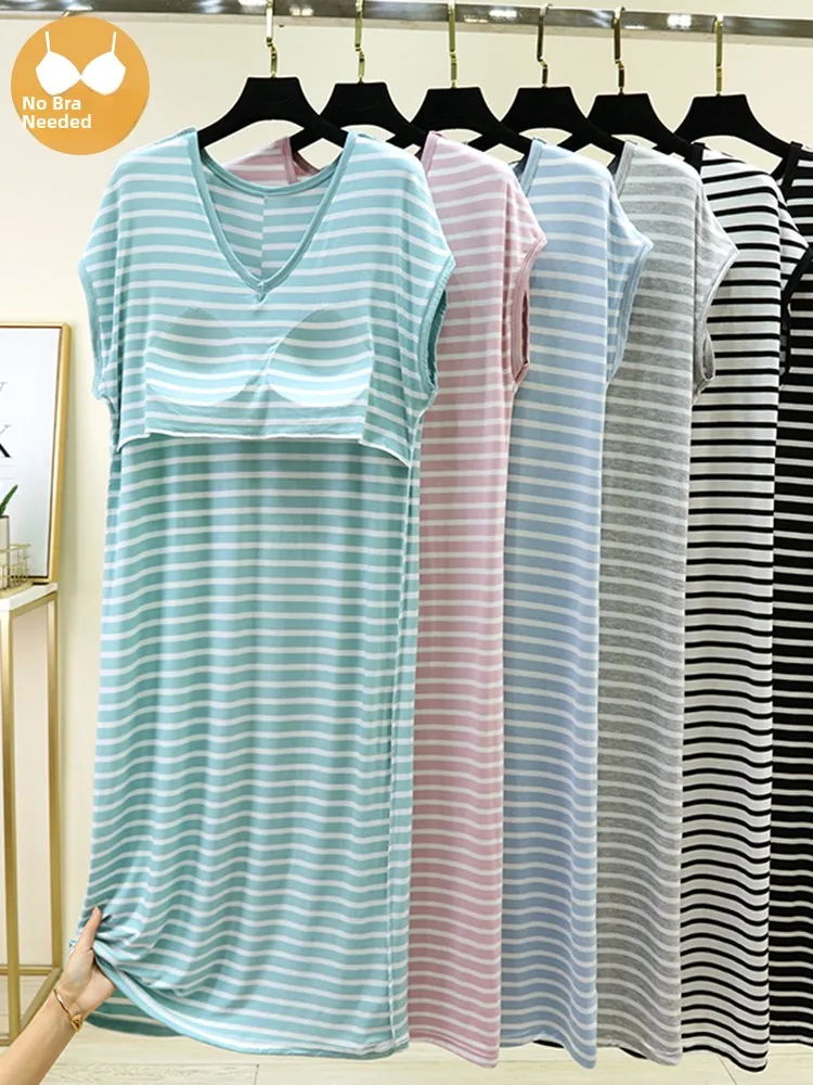 

Modal Sleeveless V-Neck Striped Sleep Dress Lightweight Casual Home Skirt Young Women Summer No Bra Needed Comfortable Nightgown
